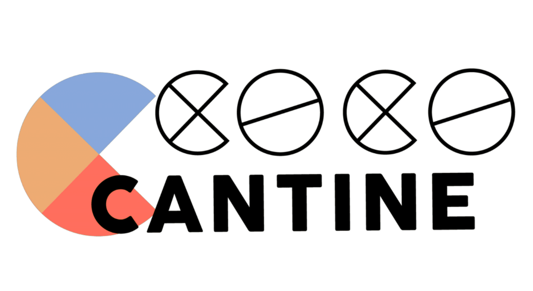 Logo de la Coco cantine, restaurant associatif végétarien pour toustes à Place des fêtes. Noir et blanc, avec un plus grand C à la fois bleu, orange et terracota