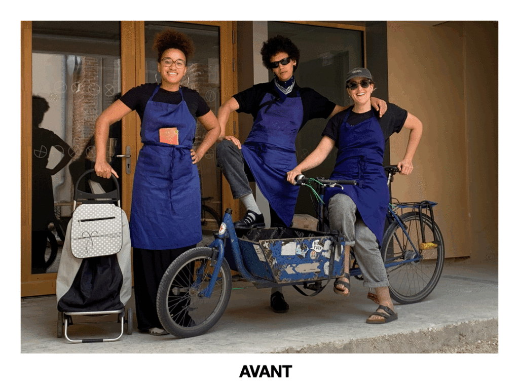 Gif en 2 images. Sur l'image "Avant" : Trois bénévoles en tablier bleu s'apprêtent à partir en récupération d'invendus alimentaires sur un marché hebdomadaire du 19ème arrondissement de Paris, avec un caddie de courses et un vélo bi-porteur. Sur l'image "Après" : Iels sont de retour, chargé•es de victuailles sauvées de la poubelle.
