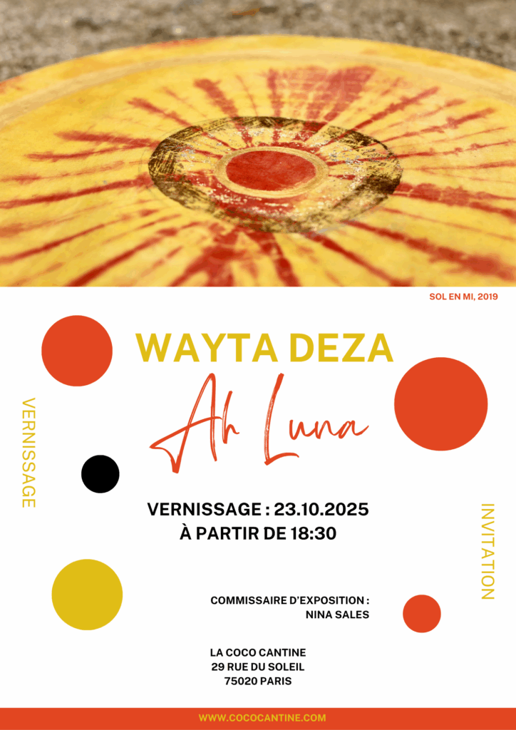 Affiche pour l'exposition Ah Luna par Wayta Deza à la Coco cantine, restaurant associatif végétarien-végan à Paris (Place des fêtes). On y voit un extrait d'oeuvre, les titres, et les infos pratiques répétées dans le texte de l'article.