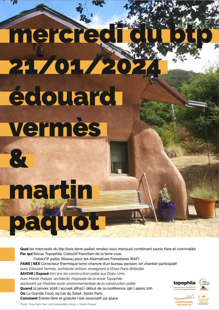 Affiche de la conférence BTP du mercredi 21 janvier 2026 au sein de la Coco cantine, restaurant et lieu convivial associatif qui travaille sur la ville durable et la vie de quartier, dans le Nord-Est Parisien.