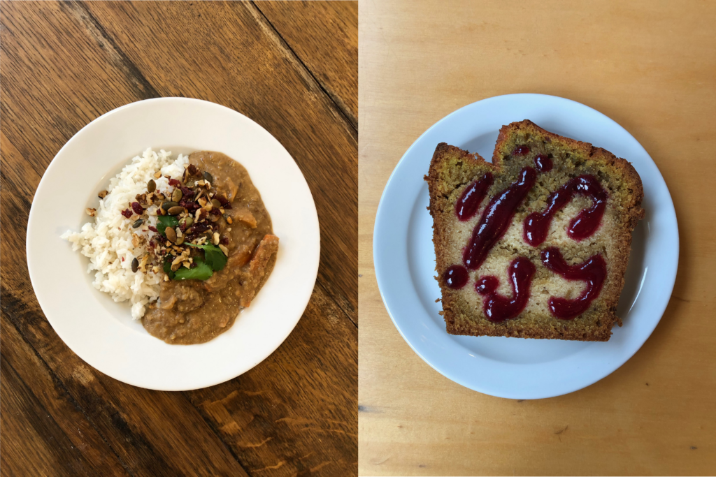 Photos en couleur : assiette de fesenjan et gâteau aux pommes véganes, servis au restaurant associatif en faveur du bien-manger Coco cantine, 29 rue du soleil, 75020 Paris.