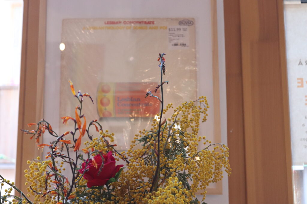Photo de jour, au premier plan des fleurs (mimora, fleurs oranges...) en train de sécher, au deuxième plan un vinyl encadré, de la compilation "Lesbian concentrate"